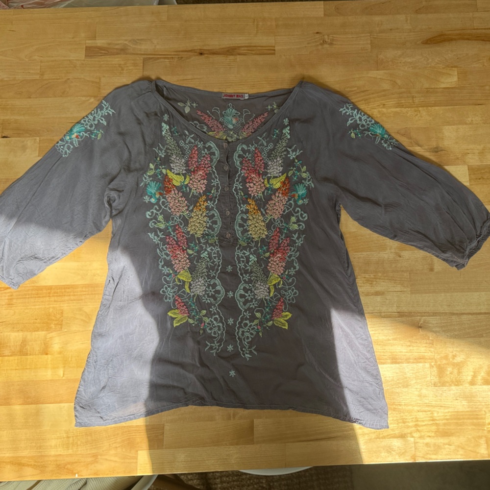 Johnny Was Charcoal Top with Vibrant Embroidery